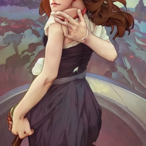 Prompt: emma watson perfect coloring, low saturation, epic composition, masterpiece, bold complimentary colors. stunning masterfully illustrated by artgerm, range murata, alphonse mucha, katsuhiro otomo