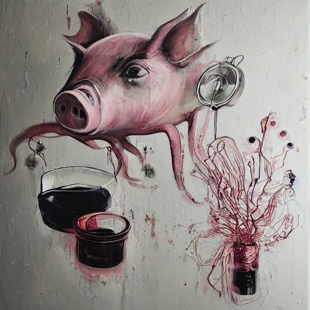 Image similar to “ a portrait in a female art student ’ s apartment, a pig theme, syringe, anaesthesia, art supplies, surgical iv drip, octopus, ikebana, herbs, a candle dripping white wax, squashed berries, berry juice drips, acrylic and spray paint and oilstick on canvas, surrealism, neoexpressionism ”