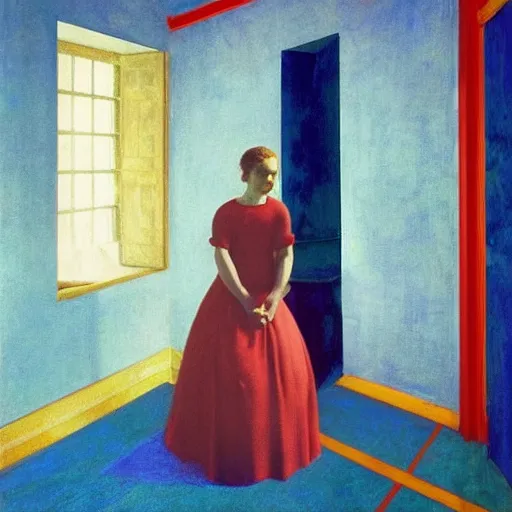 Image similar to a girl in a blue and red haunted liminal abandoned room, film still by edward hopper, by Pontormo, by klimt, art noveau, highly detailed, strong lights, liminal, eerie, Bright pastel colors