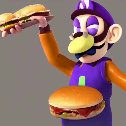 Image similar to waluigi eating hamburger, hyperrealistic, hyperdetalied, high quality, 8 k, high rendering, photorealistic, cinematic, cgsociety, artstation,