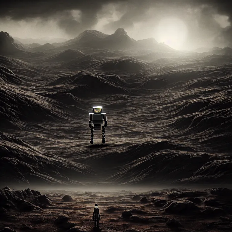 Prompt: surreal of a lonely robot wandering in the wasteland on exoplanet, dark clouds, dark washed colors tint, dream-like heavy atmosphere, baroque painting, beautiful detailed intricate insanely detailed octane render trending on Artstation, 8K artistic photography, photorealistic, dramatic volumetric cinematic perfect light, chiaroscuro, award-winning photograph, masterpiece, Raphael, Caravaggio, Beksinski, Giger