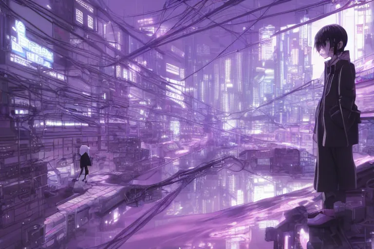 Image similar to serial experiments lain, wired landscape, cyberpunk, volumetric lighting, digital art, anime background, violet colour palette, very detailed faces, art by range murata and yasuyuki ueda