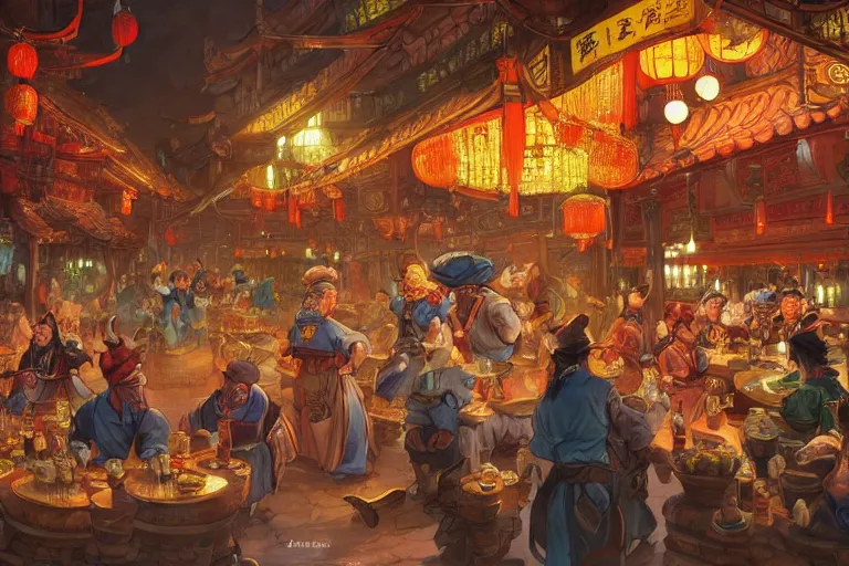 Prompt: fantasy art of a bustling tavern in china, at night, by jesper ejsing, highly detailed digital art, trending on artstation