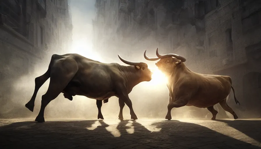 Image similar to fight between a man and a bull, intricate, sunlight, solid anatomy, elegant, volumetric lighting, digital painting, highly detailed, artstation, sharp focus, illustration, concept art, ruan jia, steve mccurry