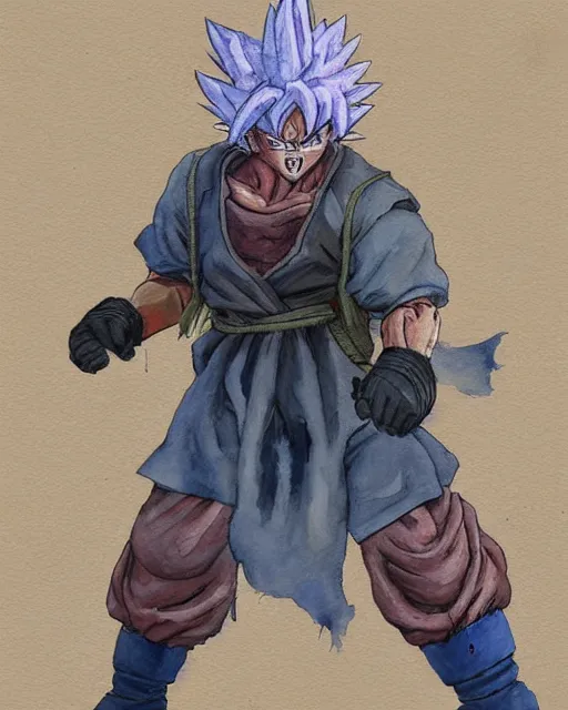 Image similar to a oil / watercolor painting full body character portrait of an old homeless saiyan soldier fighting to protect his family in the style of moebius in the style of leonard boyarsky trending on artstation deviantart pinterest detailed photorealistic highlights and shadow hd 8 k post - processing high resolution