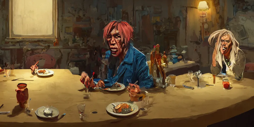 Image similar to cartoonish iggy pop eating dinner with tom waits, vivid colors, character sheet, fine details, concept design, contrast, kim jung gi, greg rutkowski, trending on artstation, 8 k, full body, turnaround, front view, back view, ultra wide angle