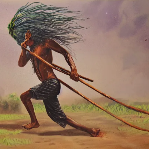 Prompt: portrait of head and body, single bangla farmer fighting on hoseback, hand to hand combat with machete, wielding machete, lungi, full body view, long flowing hair, fighting for his life, nebula aura surrounding subject, horseback combat attacker foreground, background of invading army, nestor canavarro hyperrealist art style, sharp outlines