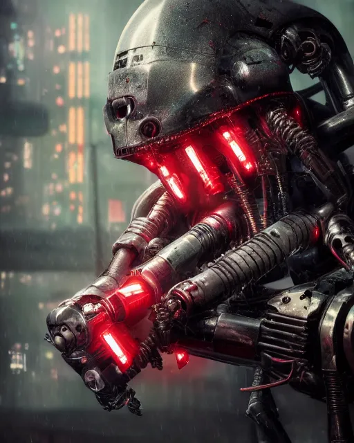 Image similar to 5 5 mm close up portrait photo of angry heavy duty biomechanical general grievous holding 4 red activated lightsabers in a futuristic city in the rain. dof. bokeh. cyberpunk horror style. highly detailed 8 k. intricate. unreal engine render with nanite and lumen. lifelike. soft light. nikon d 8 5 0.