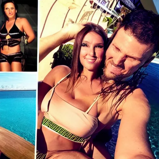 Image similar to photo of a 4 0 year old man that looks young for his age dating a very attractive 2 2 year old woman wearing a bikini. they are at a very expensive club.