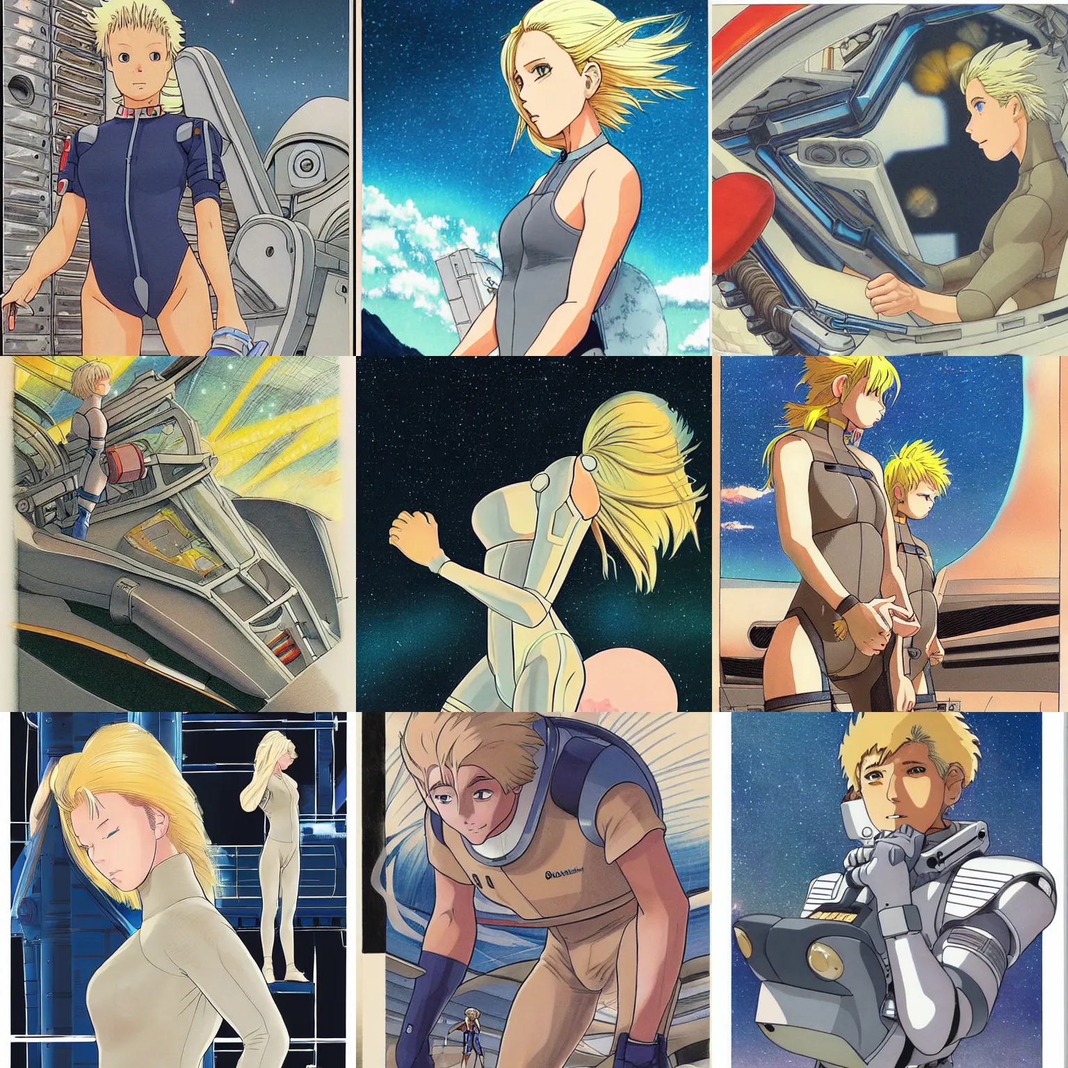 Prompt: spaceship mechanic at work, blonde, bodysuit, finely illustrated face, highly detailed, colored pencil, studio ghibli, tankobon