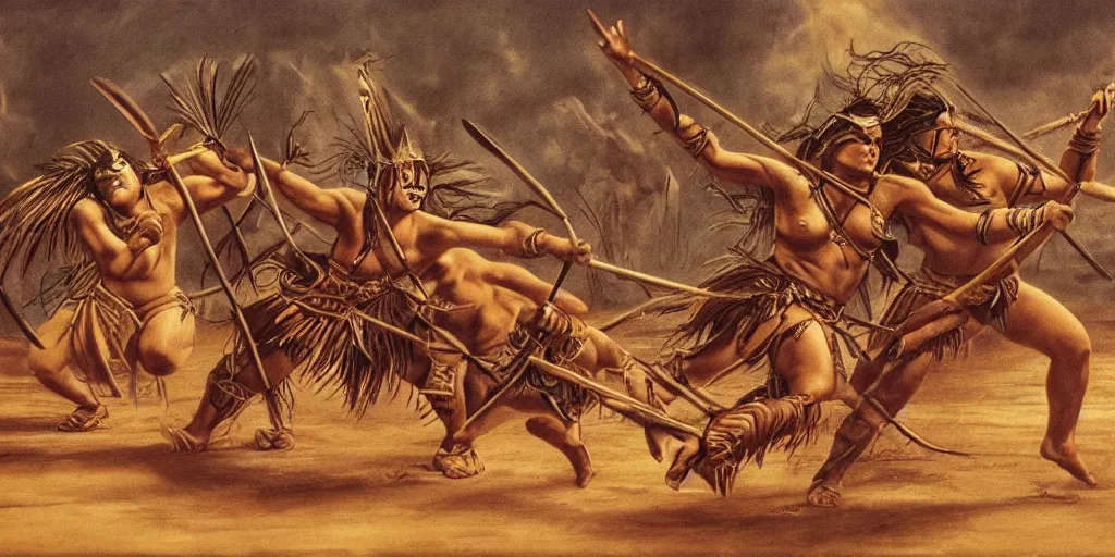 Image similar to movie scene, powerful beautiful aztec and Amazonian warrior females fight, bow, flying arrows, spear, epic camera, vintage, Boris vallejo, sepia, apocalypto