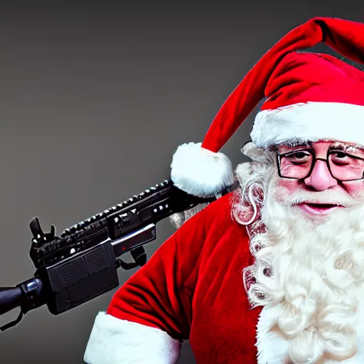 Image similar to cinematic shot of Danny Devito dressed as santa claus holding a LMG, 8k, very intricate, very detailed,