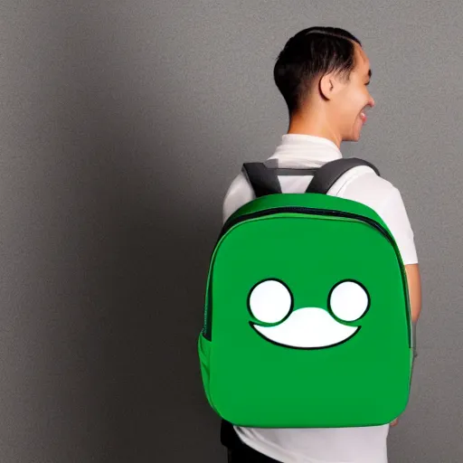 Prompt: A green backpack with muscular human limbs smiling, studio lighting, 8k, trending on artstation