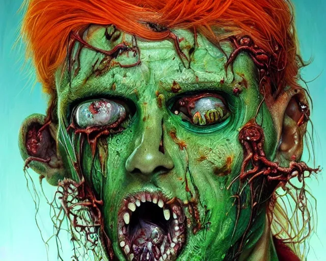 Prompt: Haunting horrifying hyperrealistic detailed character portrait painting of a zombie made of green skin with long orange hair, vibrant, very colorful, 1980s metal artwork, dystopian feel, heavy metal, disgusting, creepy, unsettling, in the style of Michael Whelan and Zdzisław Beksiński, lovecraftian, hyper detailed, trending on Artstation