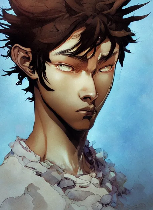 Image similar to prompt : portrait soft light painted by james jean and katsuhiro otomo and erik jones, inspired by akira anime, epic fantasy, a young long haired peasant boy with dark skin, brown skin, a dark complexation in plain fantasy clothing with intelligent eyes, intricate oil painting, high detail illustration, sharp high detail, manga and anime 1 9 9 9