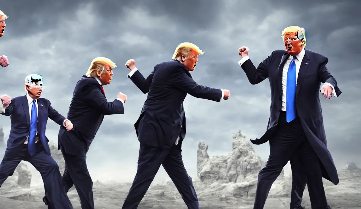 Prompt: donald trump and joe biden having a fist fight, sharp focus, matte painting, illustration, concept art,