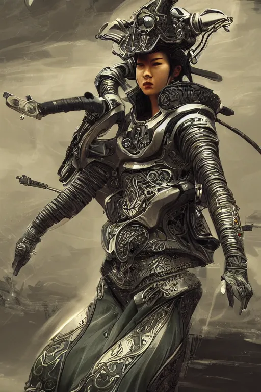 Image similar to sci fi samurai in action, 3d, third person, lasers, cosmic background, fantasy, intricate, elegant, highly detailed, lifelike, photorealistic, digital painting, artstation, illustration, concept art, sharp focus, art in the style of art nouveau