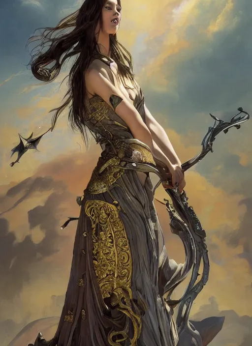 Image similar to portrait of Catriona Gray as a ever reaching swashbuckling Goddess of despair, a futuristic diety, fantasy, intricate, elegant, human anatomy, natural light, golden hour, highly detailed, digital painting, artstation, concept art, smooth, sharp focus, illustration, art by brom, tian zi and WLOP and alphonse mucha, masterpiece, 3d blender, mitch foust, Clyde Caldwell