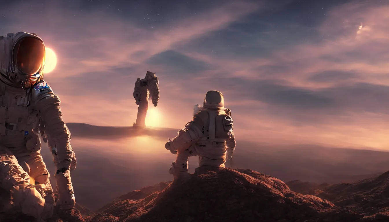 Prompt: lone astronaut sat on top of a mountain looking at the horizon of a unknown planet, extremely close shot from the back, helmet reflection, sunset, cinematic, epic, dark scenario, 8k, award winning, digital art, trending on artstation