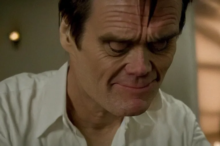 Image similar to a still of jim carrey in the human centipede, horror, dramatic lighting