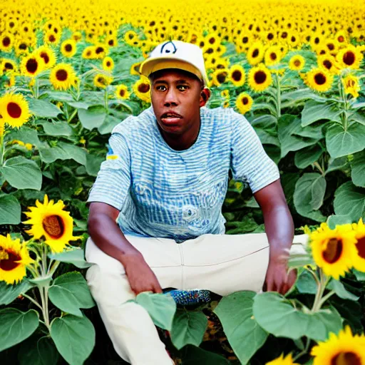 Prompt: tyler, the creator sitting in the middle of a sunflower field, photography, photoshoot, color grading, photojournalism, dslr, instax, warm color palette, colorful, tonal colors, complimentary - colors, triadic - colors, happy, sad, angelic, good, infused, feng shui, soft body, cloth, plant, flowers, floral, by claude monet