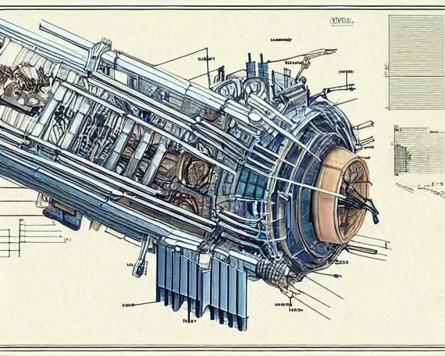 Prompt: a full page of a mechanical blueprint showing a simple cutaway design for a wooden wolf from howl's moving castle ( 2 0 0 4 ), with a pilot inside, muted colors, post grunge, studio ghibli, hq