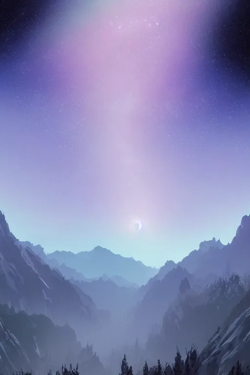 Prompt: digital matte fantasy dreamy mountain scape pastels snow milky way futuristic moonlight, artstation, behance, 8 k by alex grey