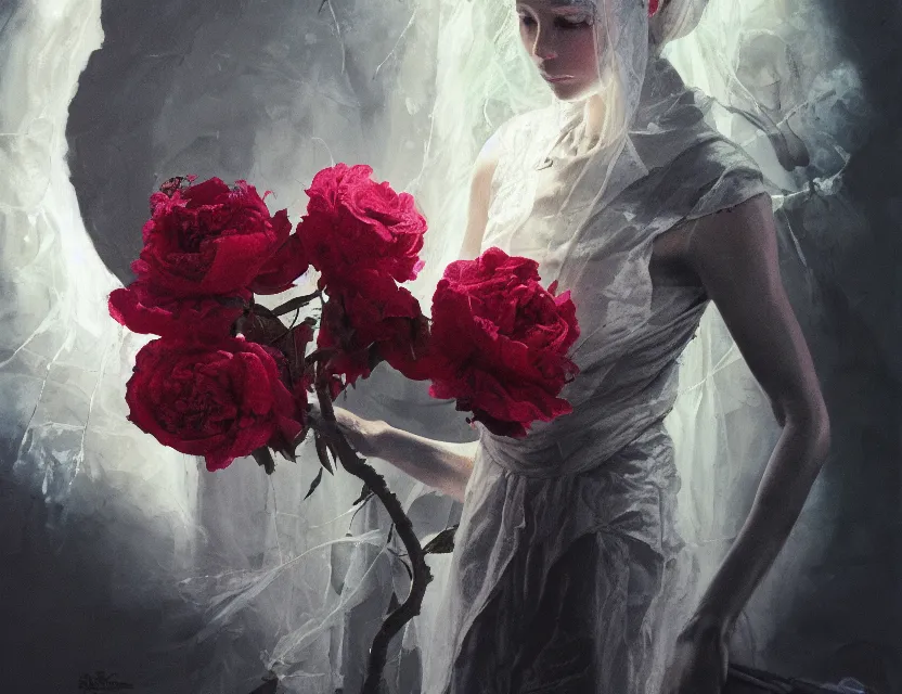 Prompt: priestess of roses, mycelium, tinfoil and cotton wadding. gouache painting by award - winning concept artist. backlighting, chiaroscuro, depth of field.