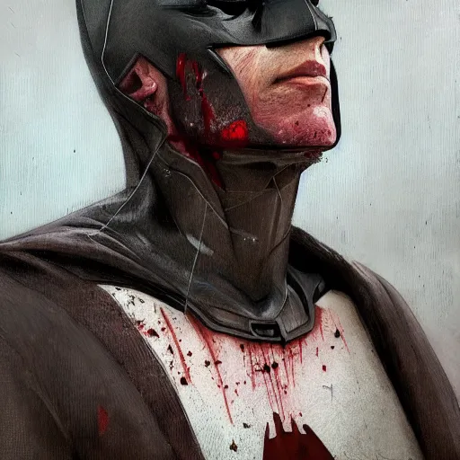 Image similar to portrait of Batman, bruised, bleeding, dirt, raining, intricate, headshot, highly detailed, digital painting, artstation, concept art, sharp focus, cinematic lighting, illustration, art by artgerm and greg rutkowski, alphonse mucha, cgsociety