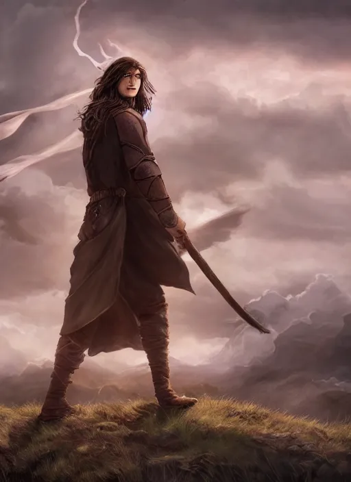 Image similar to An epic fantasy comic book style portrait painting of a teen boy with a long brown hair wearing a cloak that waves in the wind as he holds onto a stave in front of an epic fantasy landscape, unreal 5, DAZ, hyperrealistic, octane render, cosplay, RPG portrait, dynamic lighting, sharp detail