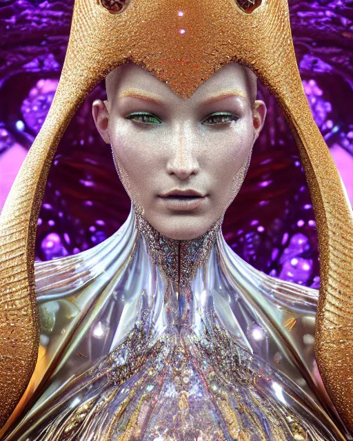 Prompt: a highly detailed metahuman 4 k close up render of an alien goddess bella hadid monument festival makeup in iris van herpen dress schiaparelli in diamonds crystals swarovski and jewelry iridescent in style of alphonse mucha gustav klimt trending on artstation made in unreal engine 4