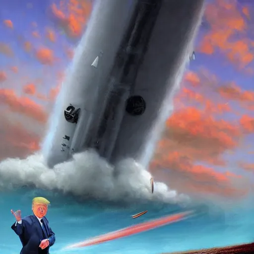 Image similar to masterpiece painting of donald trump riding a nuclear missile, surreal background, digital art by krenz cushart, trending on artstation, cgsociety,