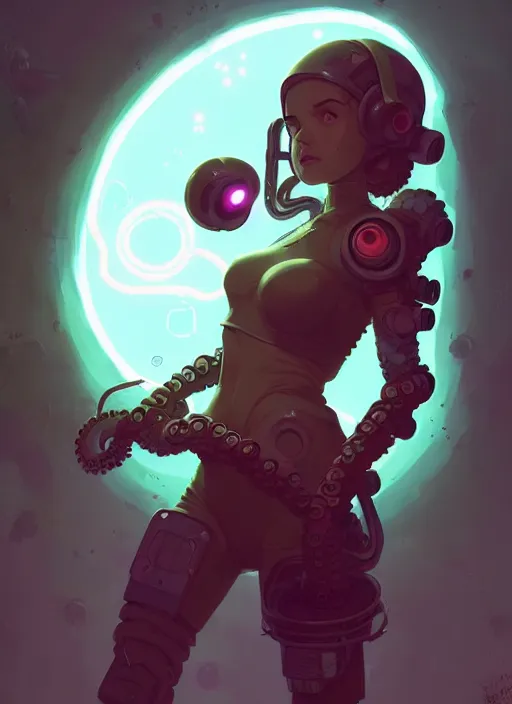 Image similar to portrait of cute octopus tentacle space girl with glowing red eyes, warhammer, cyberpunk by atey ghailan, by greg rutkowski, by greg tocchini, by james gilleard, by joe gb fenton, by in kaethe butcher, dynamic lighting, gradient light blue, brown, blonde cream and white color in scheme, grunge aesthetic, black background