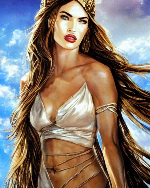 Prompt: megan fox as a Greek goddess in the sky, realistic face