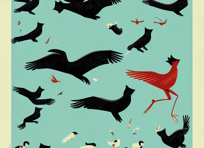 Image similar to Birds attacking cats while people run away by Karolis Strautniekas, editorial illustration, detailed, art deco, Mads Berg, matte print