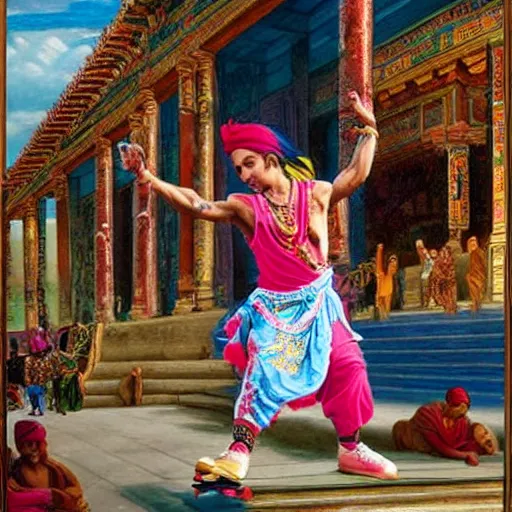 Prompt: orientalist painting of 6ix9ine skating outside of a majestic temple, 8k, very intricate, very detailed,