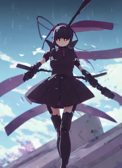 Image similar to homura akemi character, battlefield landscape, illustration concept art anime key visual trending pixiv fanbox by wlop and greg rutkowski and makoto shinkai and studio ghibli and kyoto animation, soldier clothing, cyborg parts, call of duty mecha exoskeleton, grimdark, volumetric lighting, battle tank turret