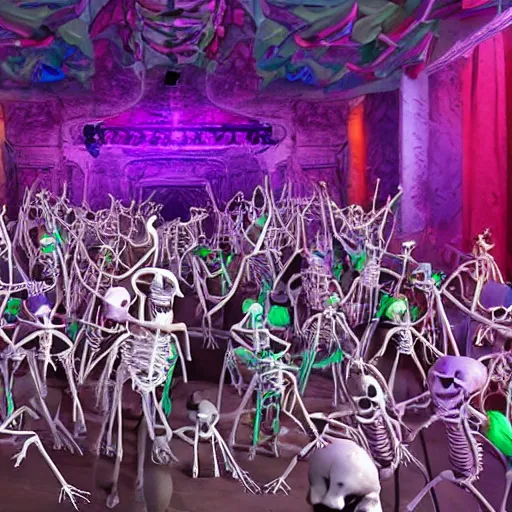 Prompt: photo, a giant crowd of realistic anatomically correct claymation skeletons dancing sensually with a giant crowd of beautiful multiethnic women wearing rococo gowns inside a colorful futuristic night club, colorful dramatic unique lighting