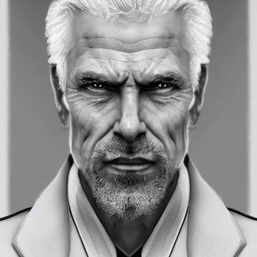 Image similar to old greying handsom man with high collar fantasy, symmetrical beautiful, portrait, trending on artstation