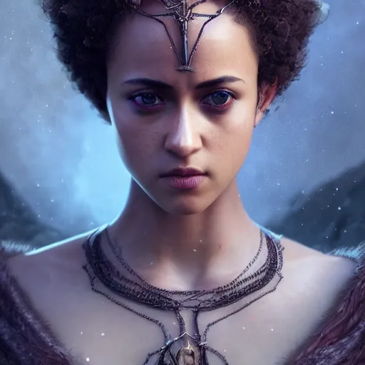 Prompt: Nathalie Emmanuel as an elven priestess, atmospheric lighting, intricate detail, cgsociety, hyperrealistic, octane render, RPG portrait, ambient light, dynamic lighting, hyper detailed, elegant, cinematic, awe inspiring, beautiful, unreal engine, 8k ultra hd, artstationHD, hyper detailed, elegant, cinematic, awe inspiring