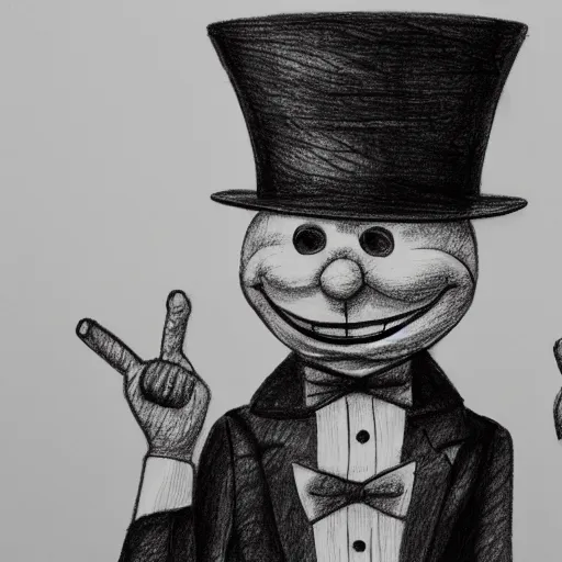 Image similar to a 2 d pencil sketch of a smiling marionette puppet wearing a top hat, highly detailed