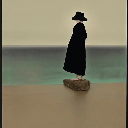 Image similar to A creature 5 meters tall, in a black chiffon layered robe, in a fancy hat and a little girl look into the distance on the seashore,style of Hiroshi Sugimoto::atmospheric illustration