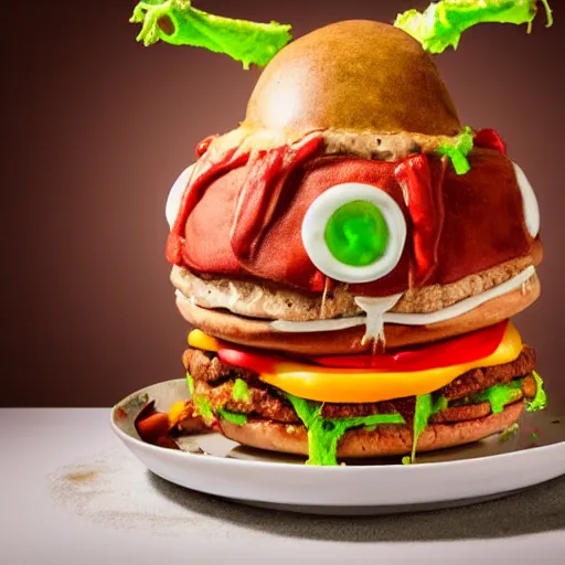 Image similar to a humanoid bipedal upright zombie that strongly resembles a hamburger, professional food photography