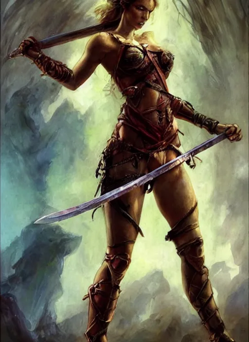 Image similar to hyper realistic warrior girl with sword in her hand, full body, rule of thirds, human proportion, good anatomy, beautiful face, conceptart, saturated colors, cinematic, vallejo, frazetta, royo, rowena morrill, cinematic