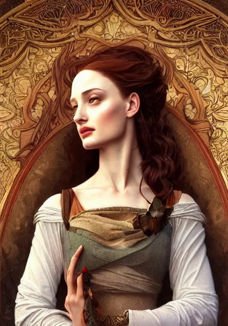 Image similar to sansa angeline jolie, intricate, elegant, highly detailed, digital painting, artstation, concept art, smooth, sharp focus, illustration, art by artgerm and greg rutkowski and alphonse mucha and william - adolphe bouguereau