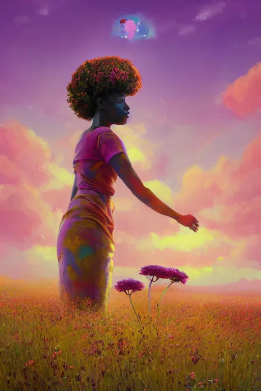 Image similar to closeup, giant flower as head, african woman in heather field, surreal photography, golden hour, colorful clouds, impressionist painting, digital painting, artstation, simon stalenhag
