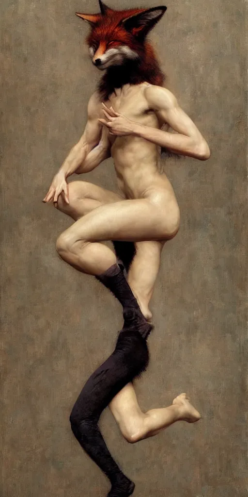 Image similar to epic masterpiece full body portrait half fox half woman, crying, acrobatic pose, beautiful face and flawless skin, by Edgar Maxence and Ross Tran and Michael Whelan