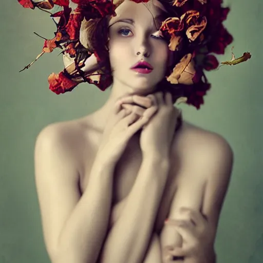 Image similar to full body fine art photo of the most beautiful woman, she has a crown of dried roses, by oleg oprisco