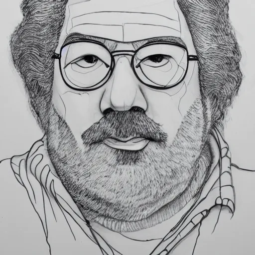 Prompt: continuous single line contour - drawing of jerry garcia, pen on white paper
