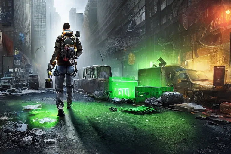 Prompt: agents from (Tom Clancy's The Division) are recovering a glowing green container, high detail, digital art, by Tom Garden
